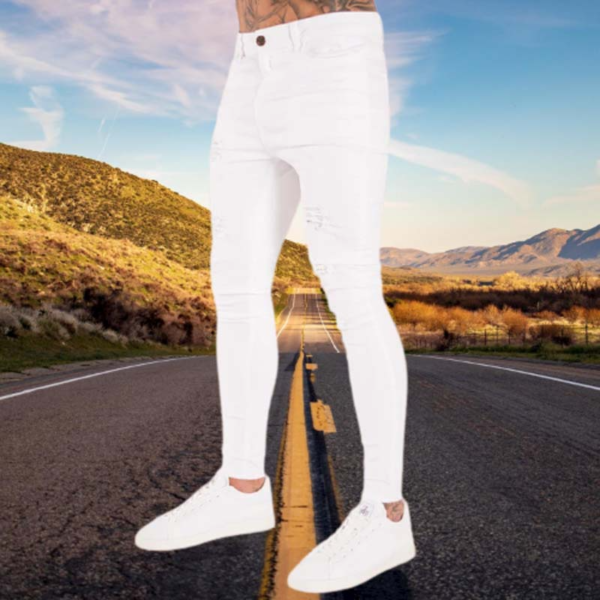 0 main jean dechire blanc pour hommes pantalon en denim slim extensible taille elastique jogging