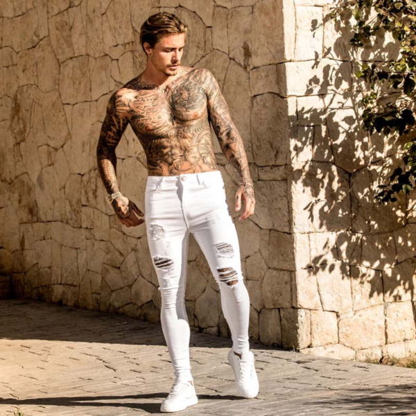 1 main jean dechire blanc pour hommes pantalon en denim slim extensible taille elastique jogging